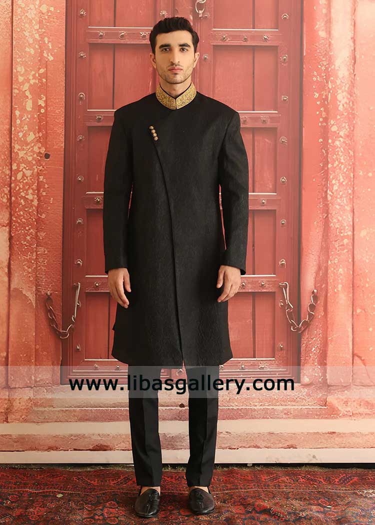Premium Black & Gold Karandi Wedding Sherwani for Groom